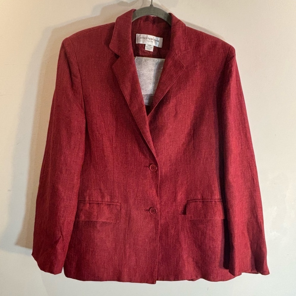 JONES NEW YORK Sz 14P Linen Brick Red Blazer Lined Pockets Made in Canada
